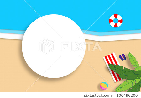 Summer concept with a gold sandy beach and sea. Handmade composition with a white blank space for logo. Summer concept with a gold sandy beach and sea. Handmade composition with a white blank space for logo. 100496200