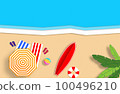 Summer concept. Gold sandy beach, sea and relax places. Handmade, paper composition. 100496210