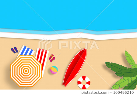 Summer concept. Gold sandy beach, sea and relax places. Handmade, paper composition. Summer concept. Gold sandy beach, sea and relax places. Handmade, paper composition. 100496210