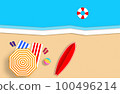 Summer concept. Gold sandy beach, sea and relax places. Handmade, paper composition. 100496214