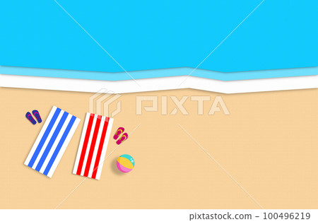 Summer concept. Gold sandy beach, sea and relax places. Handmade, paper composition. 100496219