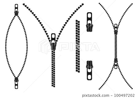 Black silhouette zipper. Vector illustration of an open sewing lock. Set of fasteners for clothes in different positions Black silhouette zipper. Vector illustration of an open sewing lock. Set of fasteners for clothes in different positions 100497202