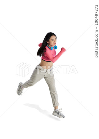 Top isometric view. Young girl with headphones in casual clothes in motion, running isolated over white background 100497272