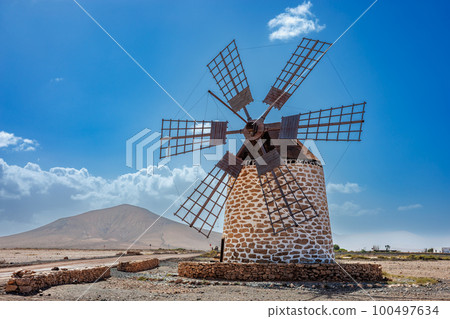 The renovated windmill Molino de Tefia on the island of Fuerteventura 100497634
