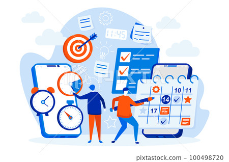 Mobile organizer web design with people characters. People use mobile organizer app scene. Work tasks management composition in flat style. Vector illustration for social media promotional materials. 100498720