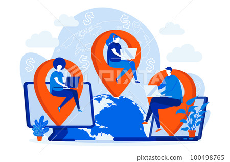 Outsourcing company web design concept with people characters. Developers team working scene. Software outsourcing composition in flat style. Vector illustration for social media promotional materials 100498765