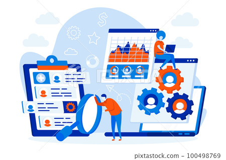 HR management web design concept with people characters. HR managers study candidates CV scene. Recruitment agency composition in flat style. Vector illustration for social media promotional materials 100498769