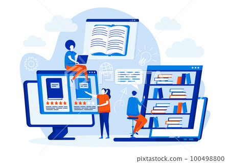 Online library web design concept with people characters. Students reading e-books scene. Distance education composition in flat style. Vector illustration for social media promotional materials. Online library web design concept with people characters. Students reading e-books scene. Distance education composition in flat style. Vector illustration for social media promotional materials. 100498800