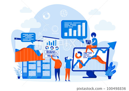 Big data analysis web design with people characters. Analytics teamwork with data, scene in flat style. Business analysis and forecasting. Vector illustration for social media promotional materials. 100498836