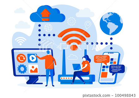 Wireless technology web design with people characters. People use WiFi cinnection scene. Network communication composition in flat style. Vector illustration for social media promotional materials. 100498843