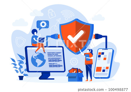 Network security web concept with people. Cybersecurity engineers work scene design. Firewall and antivirus software flat style composition. Vector illustration for social media promotional materials. Network security web concept with people. Cybersecurity engineers work scene design. Firewall and antivirus software flat style composition. Vector illustration for social media promotional materials. 100498877