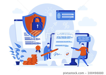 Electronic contract web concept design with people characters. Business partners sign contract online. E-contracts composition in flat style. Vector illustration for social media promotional materials Electronic contract web concept design with people characters. Business partners sign contract online. E-contracts composition in flat style. Vector illustration for social media promotional materials 100498880