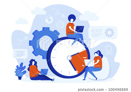 Time management web concept design with people. Employees work near big clock. Time management and efficiency composition in flat style. Vector illustration for social media promotional materials. Time management web concept design with people. Employees work near big clock. Time management and efficiency composition in flat style. Vector illustration for social media promotional materials. 100498889