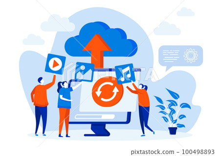 Cloud storage web concept with people characters. Data Center IT specialists at work scene design. Cloud database composition in flat style. Vector illustration for social media promotional materials. Cloud storage web concept with people characters. Data Center IT specialists at work scene design. Cloud database composition in flat style. Vector illustration for social media promotional materials. 100498893