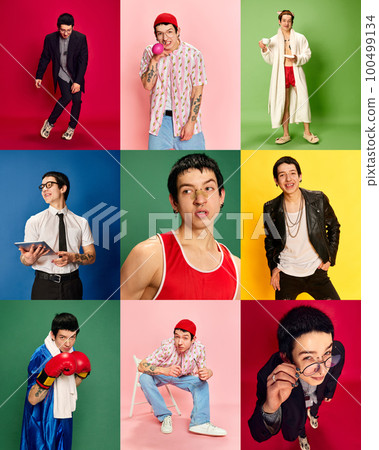 Collage of portraits of young man in different fashion style and images over coloured background. Concept of positive emotions, happiness, youth trends Collage of portraits of young man in different fashion style and images over coloured background. Concept of positive emotions, happiness, youth trends 100499134