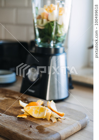 How manage food waste at home, ways reduce food waste in kitchen. Fruit and vegetable leftovers after making smoothies in home kitchen How manage food waste at home, ways reduce food waste in kitchen. Fruit and vegetable leftovers after making smoothies in home kitchen 100499618