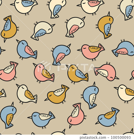 Seamless pattern with funny colorful birds. Color flat vector illustration with little cartoon bird. Cute characters. Template design for invitation, poster, card, flyer, textile, fabric for kids 100500093