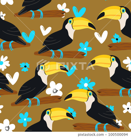Seamless pattern with cute cartoon toucan bird on branch. Vector illustration for wallpaper, fabric, textile. Summer exotic print. Tropical toucan with floral monstera leaves Seamless pattern with cute cartoon toucan bird on branch. Vector illustration for wallpaper, fabric, textile. Summer exotic print. Tropical toucan with floral monstera leaves 100500094