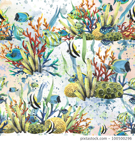 Coral reefs with algae, waves of water, fish, sea sponges, bubbles. Watercolor illustration. Seamless pattern on a blue background from the collection of TROPICAL FISH. For fabric wallpaper textiles 100500296