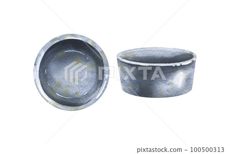 Ceramic gravy boat side and top view. Watercolor illustration. isolated objects from the SHRIMP collection. For the design and design of menus, recipes, kitchen prints. 100500313
