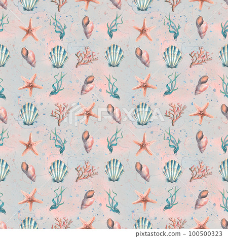 Seashells, algae, corals and sea sponges on the background of watercolor spots and splashes. Watercolor illustration. Seamless pattern from the collection of JELLYFISH AND SEAHORSE. For decoration 100500323