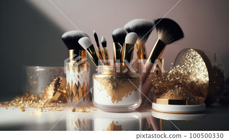a set of professional makeup brushes among sequins and gold powder a set of professional makeup brushes among sequins and gold powder 100500330