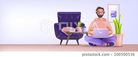 3D home office background, vector cartoon remote freelancer concept, smiling male character, room. 3D home office background, vector cartoon remote freelancer concept, smiling male character, room. 100500536