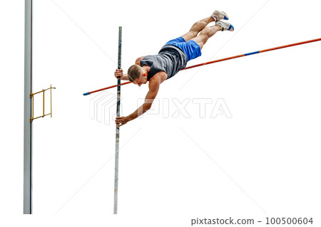 athlete jumper failed attempt pole vault on white background, sports photo athlete jumper failed attempt pole vault on white background, sports photo 100500604