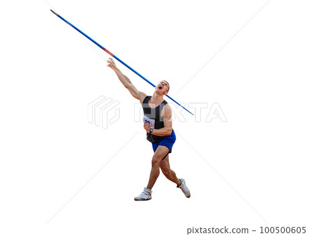 male athlete javelin throwing in decathlon athletics competition on white background, sports photo male athlete javelin throwing in decathlon athletics competition on white background, sports photo 100500605