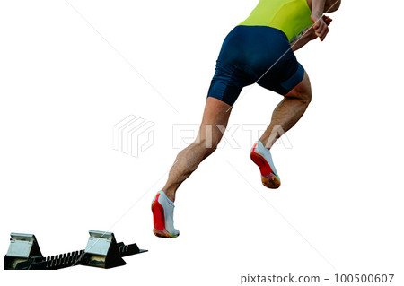 athlete running sprint race from starting blocks in athletics competition on white background, sports photo athlete running sprint race from starting blocks in athletics competition on white background, sports photo 100500607