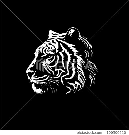 Tiger head dotwork tattoo with dots shading, depth illusion, tippling tattoo. Hand drawing wild animal emblem on black background for body art, minimalistic sketch monochrome logo. Vector illustration Tiger head dotwork tattoo with dots shading, depth illusion, tippling tattoo. Hand drawing wild animal emblem on black background for body art, minimalistic sketch monochrome logo. Vector illustration 100500610