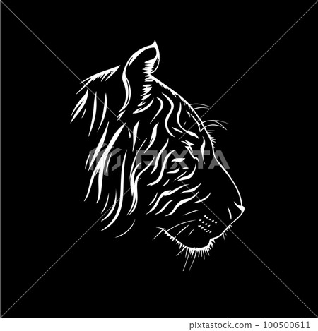Tiger head dotwork tattoo with dots shading, depth illusion, tippling tattoo. Hand drawing wild animal emblem on black background for body art, minimalistic sketch monochrome logo. Vector illustration 100500611