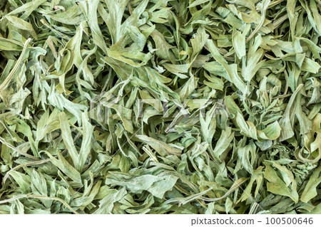 A pile of dried carrot tops leaves texture, Daucus carota, top view, macro. 100500646