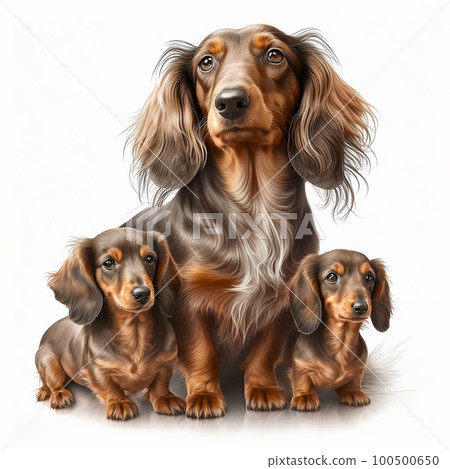 Cute nice dog breed long-haired dachshund with small sweet puppies isolated on white close-up, beautiful pet, fluffy dog 100500650
