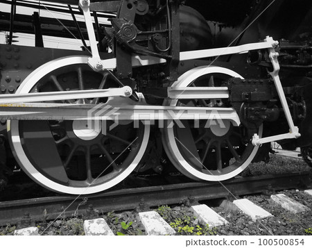 Retro train two wheels. Sleepers and rails, mechanisms, pistons and guides. Locomotive of the 19th early 20th century with a steam engine. Black and white wheels with green grass. Vintage style Retro train two wheels. Sleepers and rails, mechanisms, pistons and guides. Locomotive of the 19th early 20th century with a steam engine. Black and white wheels with green grass. Vintage style 100500854