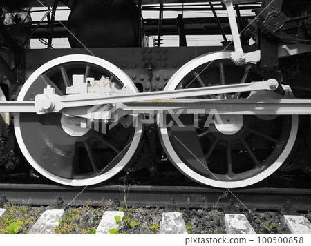 Retro train two wheels. Sleepers and rails, mechanisms, pistons and guides. Locomotive of the 19th early 20th century with a steam engine. Black and white wheels with green grass. Vintage style Retro train two wheels. Sleepers and rails, mechanisms, pistons and guides. Locomotive of the 19th early 20th century with a steam engine. Black and white wheels with green grass. Vintage style 100500858