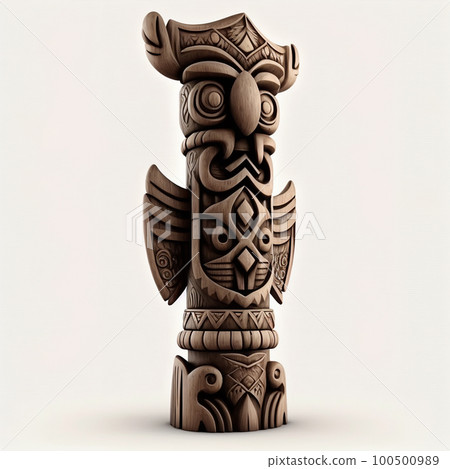 Ancient totem shamanic wooden pole with carved symbols and patterns isolated on white close-up Ancient totem shamanic wooden pole with carved symbols and patterns isolated on white close-up 100500989