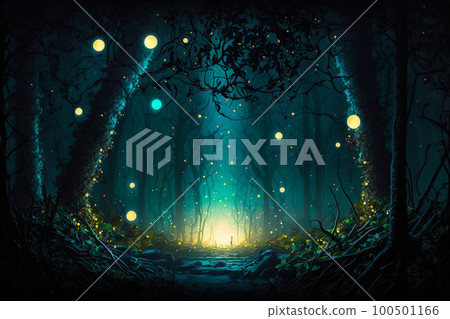 Fireflies in the forest at night. Generative AI 100501166