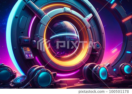 An image of futuristic spaceship with neon lights. Generative AI 100501178