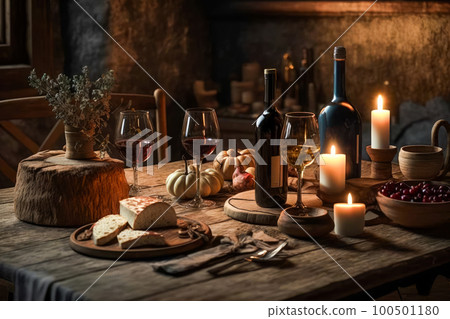 Table with wine, cheese and candles on it. Generative AI 100501180