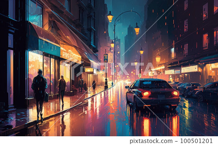 people walking down city street at night. Generative AI 100501201