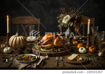 Thanksgiving table with turkey, pumpkins and other decorations. Generative AI 100501267