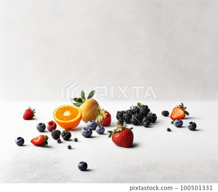 White table topped with fruits and berries. Generative AI 100501331