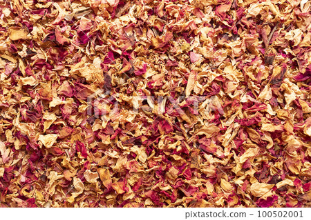 Texture dried rose petals, leaves. Potpourri, desiccated rose buds background. Top view aromatic herbal beverage made from fragrant flowers. Horizontal plane, from above, space for text 100502001