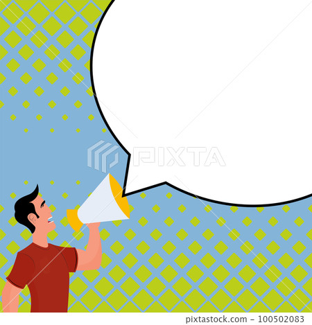 Man holding megaphone in hand and presenting important information. Big white dialog box with main message on bright background. Color vector illustration. 100502083