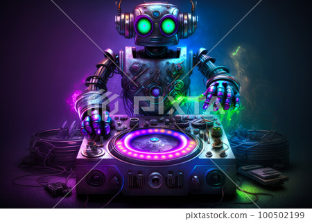 Robot dj playing music on turntable. Generative AI 100502199