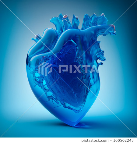 An image of blue human heart on blue background. Generative AI 100502243