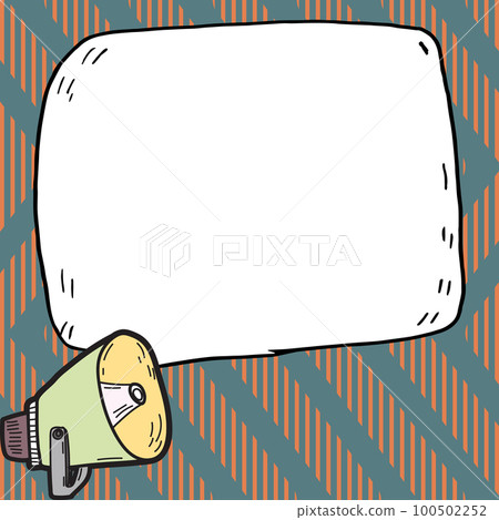 Megaphone presenting important information and brand new agenda. Big white speech bubble for text on bright colored background. Vector drawing illustration. Megaphone presenting important information and brand new agenda. Big white speech bubble for text on bright colored background. Vector drawing illustration. 100502252