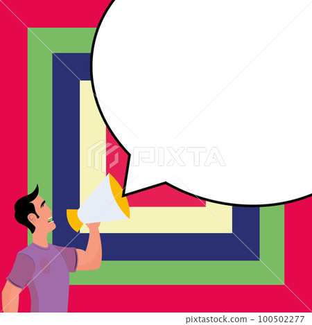 Man holding megaphone in hand and presenting important information. Big white dialog box with main message on bright background. Color vector illustration. Man holding megaphone in hand and presenting important information. Big white dialog box with main message on bright background. Color vector illustration. 100502277