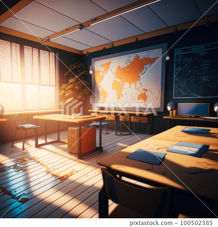 An empty classroom with map on the wall. Generative AI 100502385